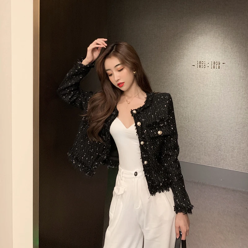 

Small Fragrance Women Tweed Outerwear Single Breasted Tassel Blends Wool Female Long Sleeve Jacket Coat