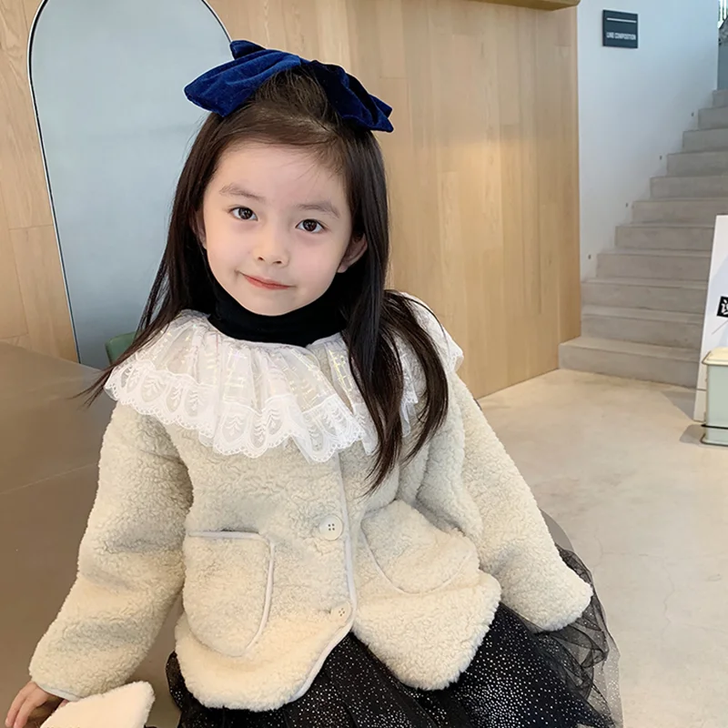 

Mila Chou Winter Baby Girls Clothes Faux Fur wool Coat Fleece Show Jacket Warm Snowsuit 2-8Y Lace Jacket Children's Outerwear