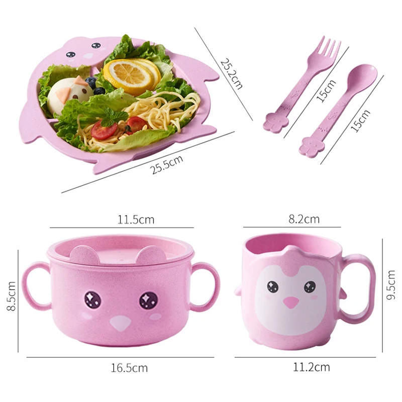 

5Pcs/set Baby Feeding Tableware Children Lunch Food Bowl Plate With Spoon Fork Cup Cute Cartoon Kids Dishes Dinnerware