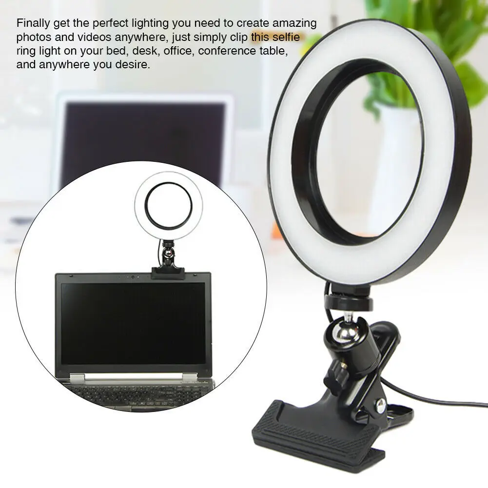 16cm Ring Light USB Lamp with Metal Ball Head Clip Brightness Adjustable Selfie Lights for Makeup Live Video Fill Light
