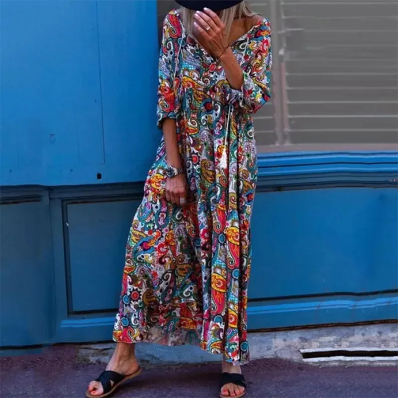 

Women Sexy V-Neck Tassel Long Dress Vintage Pattern Print Beach Party Dress Casual 3/4 Sleeve Boho Loose Autumn Dresses Vestidos