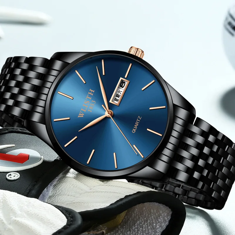 Wlisth men's watch business leisure steel band luminous watch leisure personality double calendar quartz men's waterproof watch