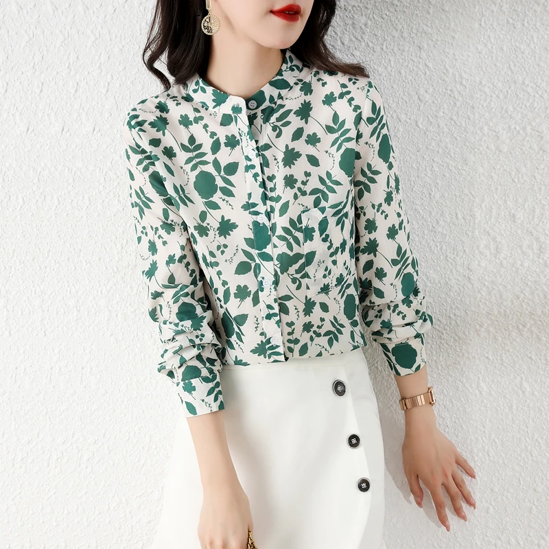 

Stand Collar Chiffon Floral Shirt 2021 Fall Fashion Long Sleeve Casual Shirt Women Tops and Blouses