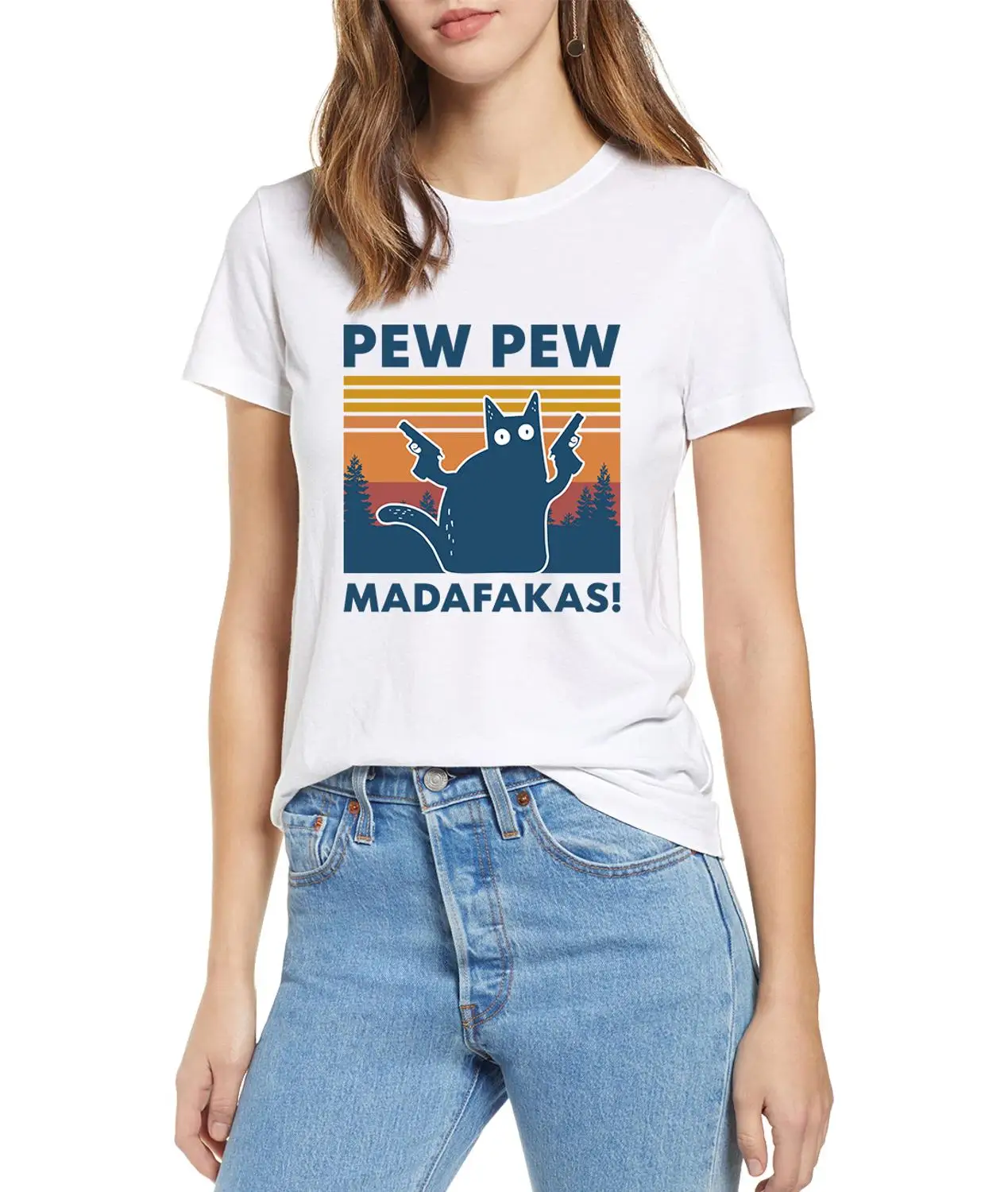 Женская футболка с черной кошкой Pew Madafakas забавная для девушек котом гангстером и