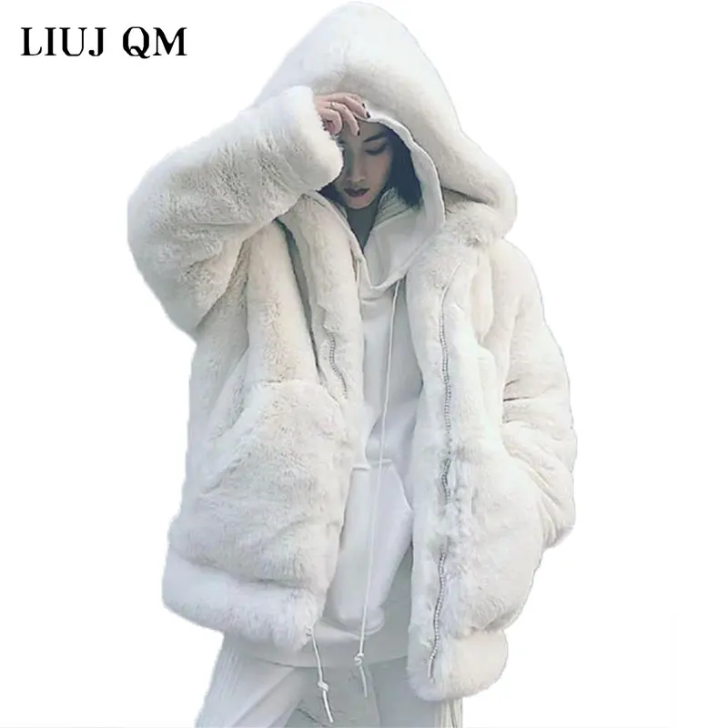 2022 New Winter Faux Fur Coat Women High Quality Korean Loose Imitation Rex Rabbit Fur Coat Large size Thick Warm Hooded Jacket