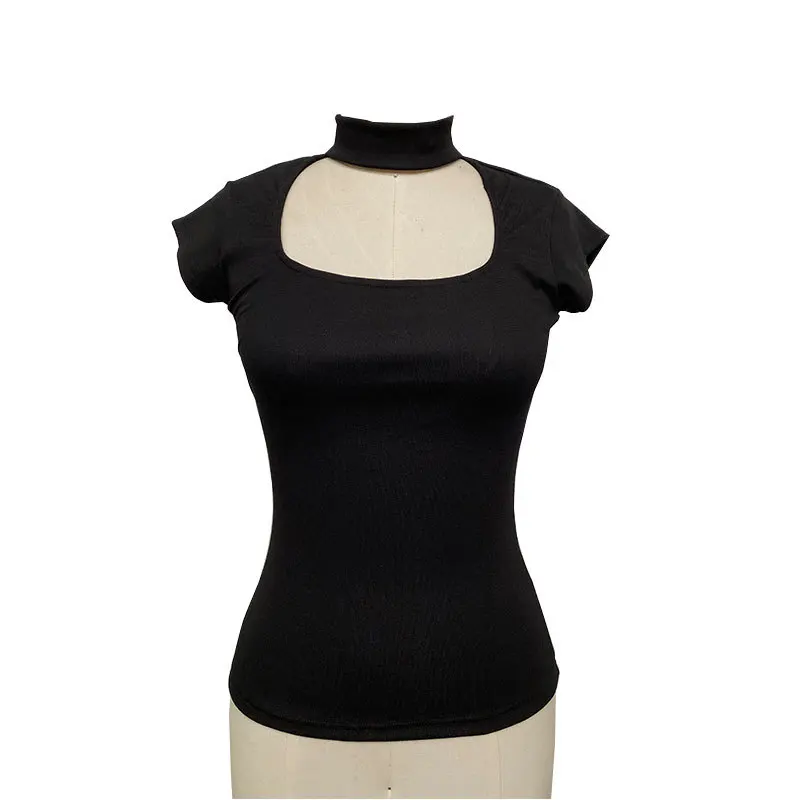 

Eversea Big U Collar T-Shirt Women Ins Style High Collar Hollow Out Clavicle Wrap Rotator Cuff Short Sleeve Tops Tees