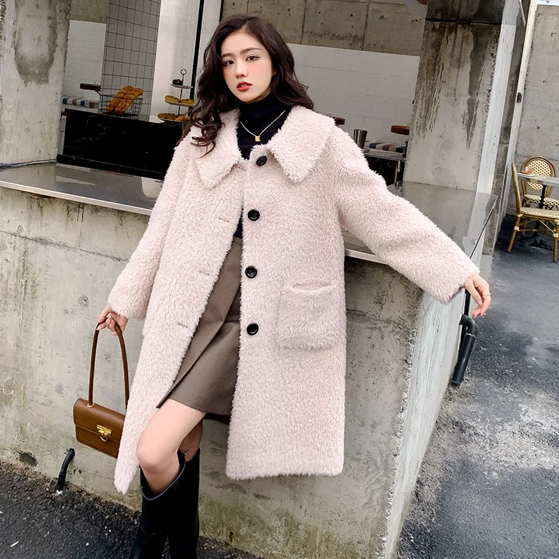 

Fashion Solid Color Sheep Shearing Long Coat Jacket Women Female Wool Fur Loose Sigle Breasted Overcoat Warm Outwear For Winter