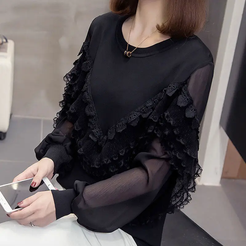 

Women 2021 Spring Elegant Patchwork Ruffle Shirts Female O-Neck Casual Blouses Ladies Long Sleeve Pullover Tops Sweatshirt Q362