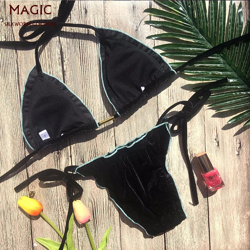 Новый высококачественный золотистый бархатный комплект бикини для женщин с