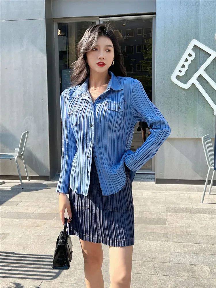 

Miyake/комплект джинсовой плиссированной юбки, корейский женский Блейзер, прямая юбка, Женский блейзер, деловой костюм с юбкой, джинсовая плис...