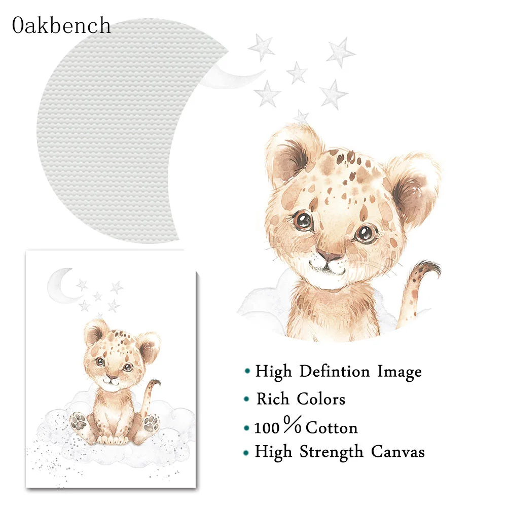 

Nursery Canvas Poster Animal Painting Giraffe Elephant Cub Leopard Panda Posters Star Moon Cloud Print Nordic Baby Room Decor