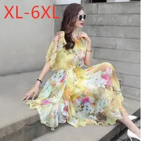 New ladies summer plus size long dress loose casual large floral chiffon yellow print flowers ruffles dress 3XL 4XL 5XL 6XL 7XL