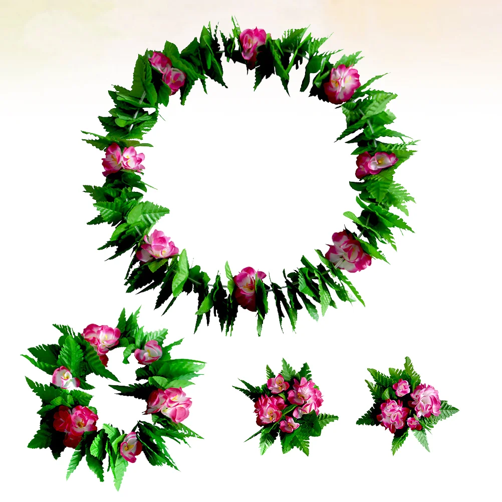 

5pcs Hawaii Flower Green Leaf Skirt Performance Skirt Party Costume Creative Garland Wristband Leaf Hair (Rosy, Kids Style, Leaf