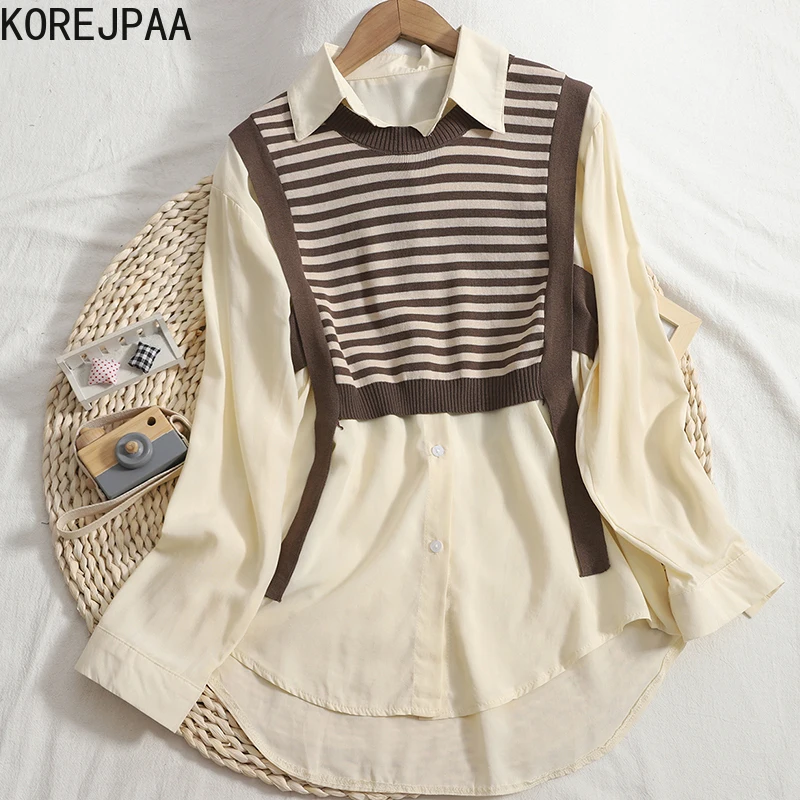 

Korejpaa Casual Two Piece Set Women Contrasting Color Striped Knitted Vest + Wild Single Breasted Solid Color Shirt Elegant Suit