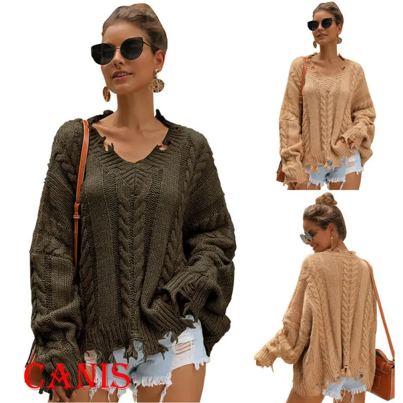 Осенний v-образный вырез сексуальный вязаный крючком ажурный свитер Женский