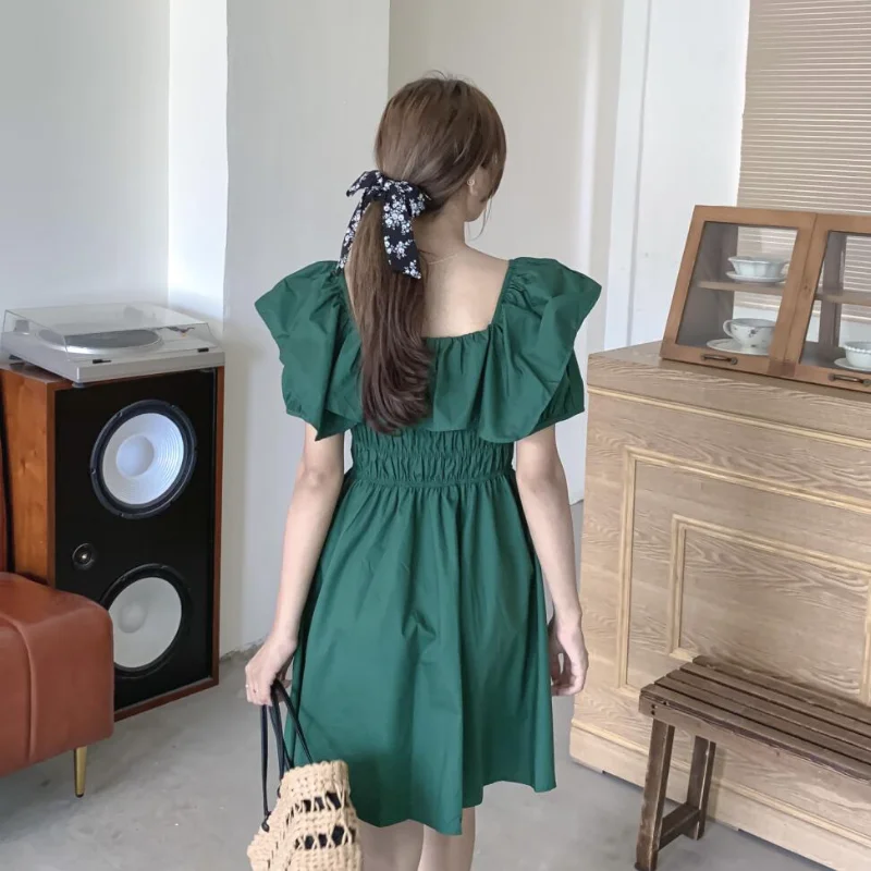 

Kimotimo Summer Fashion Dress Women Korean Chic Hepburn Square Collar Ruffles Waist Puff Sleeve Folds Design Mini Dresses Femme