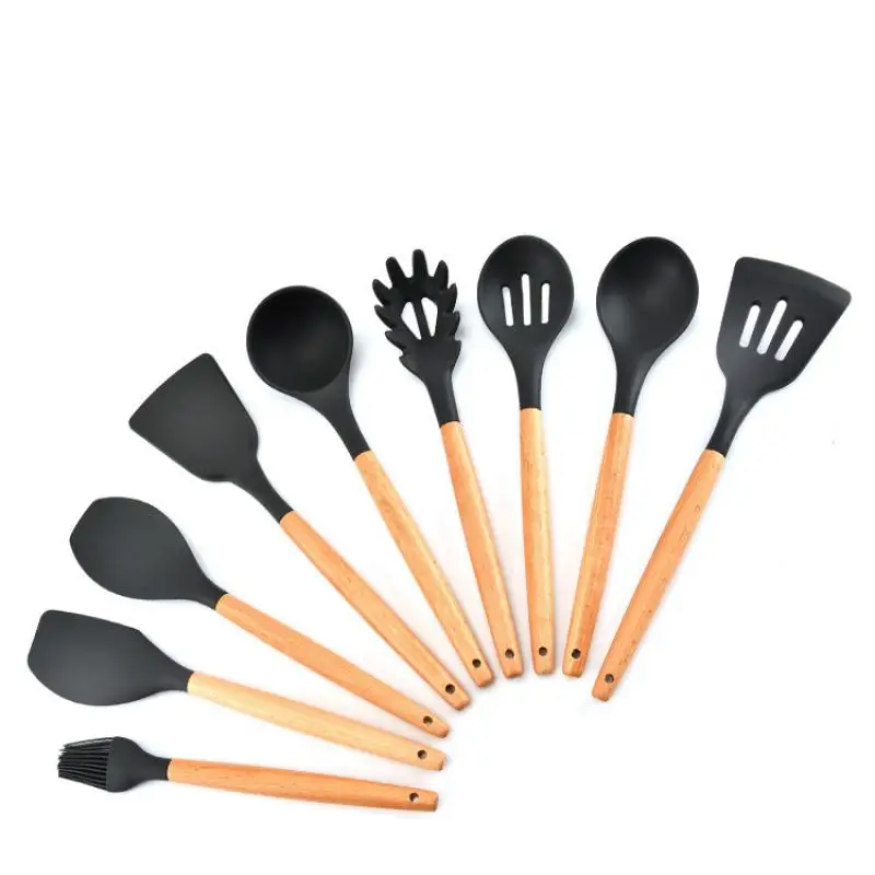 

9PCs/Set Wooden Handle Silicone Cooking Tool Sets Spatula Heat-Resistant Spoon Non-Stick Cookware Modern Household Kitchen Tools