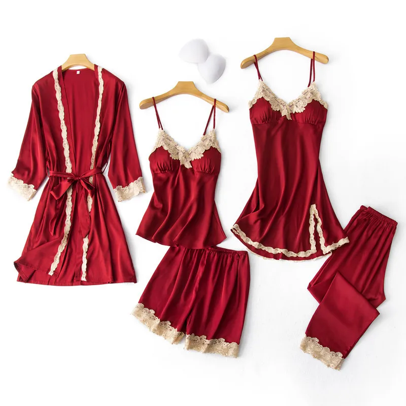 

Sexy Womens 5PCS Pajamas Set V-Neck Nighties Wear Home Negligee Nightwear Lingerie Pijama Spring Nighty Robe Gown Suit Sleepwear