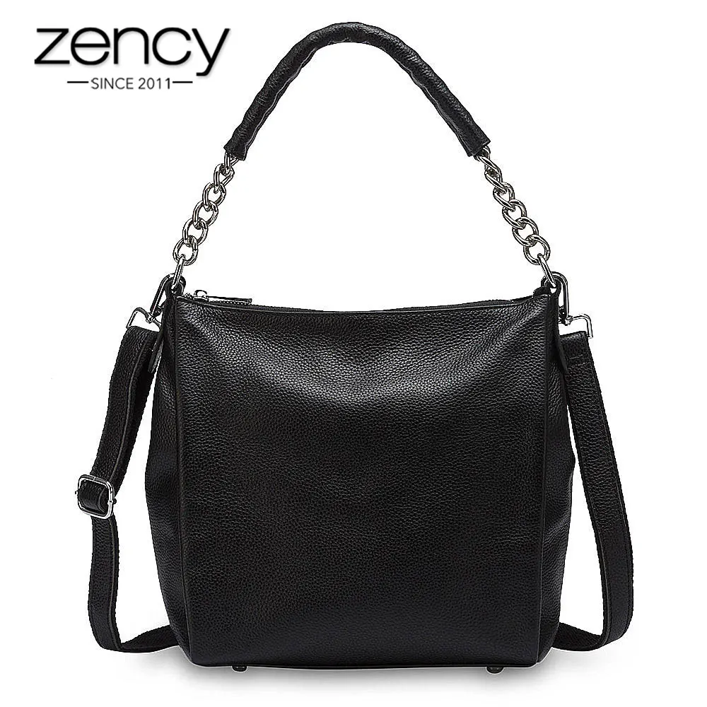 Zency 100% Genuine Leather Black Handbag Fashion Women Shoulder Bag High Quality Tote Purse Elegant Lady Crossbody Purse