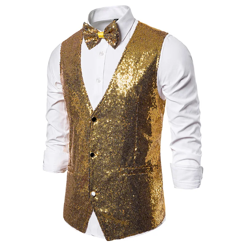 

Shiny Gold Sequins Vest Men Chaleco Hombre 2022 Brand Slim Fit Nightclub Vest Waistcoat Male Stage Singer Prom Vests with Bowtie