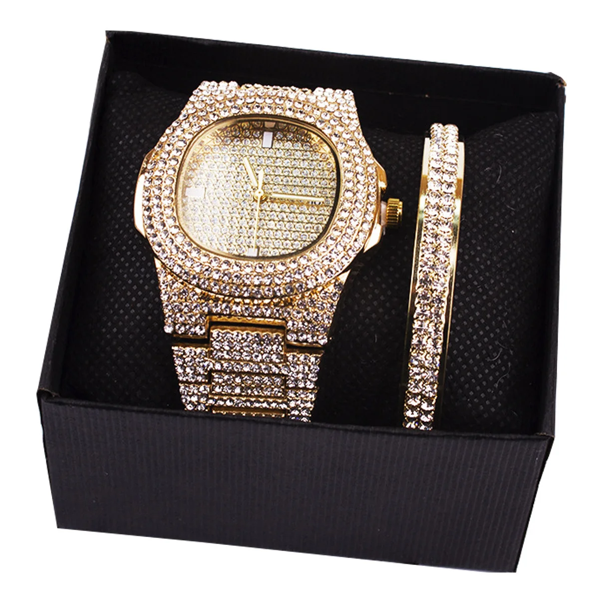 

Hip-hop Punk Watch Set Diamond-Encrusted Stainless Steel With Watch And Chain-Mounted Diamond Bracelet 2pcs/Set