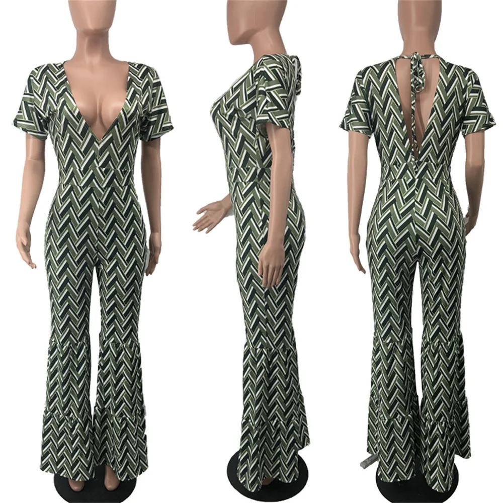 

Geometric Pattern Flare Rompers Womens Jumpsuit Deep V Neck Short Sleeve One Piece Bodysuit Summer Vintage Bell Bottom Overalls
