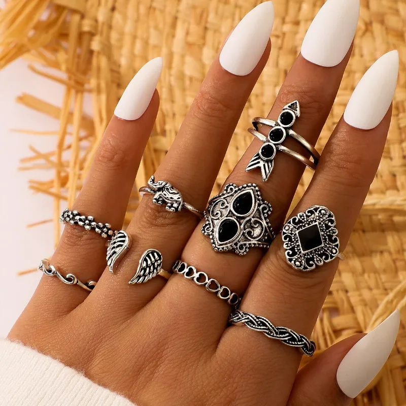 

2021 New Hollowed Heart Wings Elephant 9 Pcs/set Rings Set for Women Jewelry Party Gifts