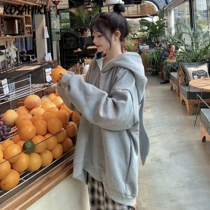 

KOSAHIKI Hoodies Women Solid Rabbit-ear Hooded Kawaii Ins Zipper Sweatshirt Autumn Korean Style Loose Casual Harajuku Jackets