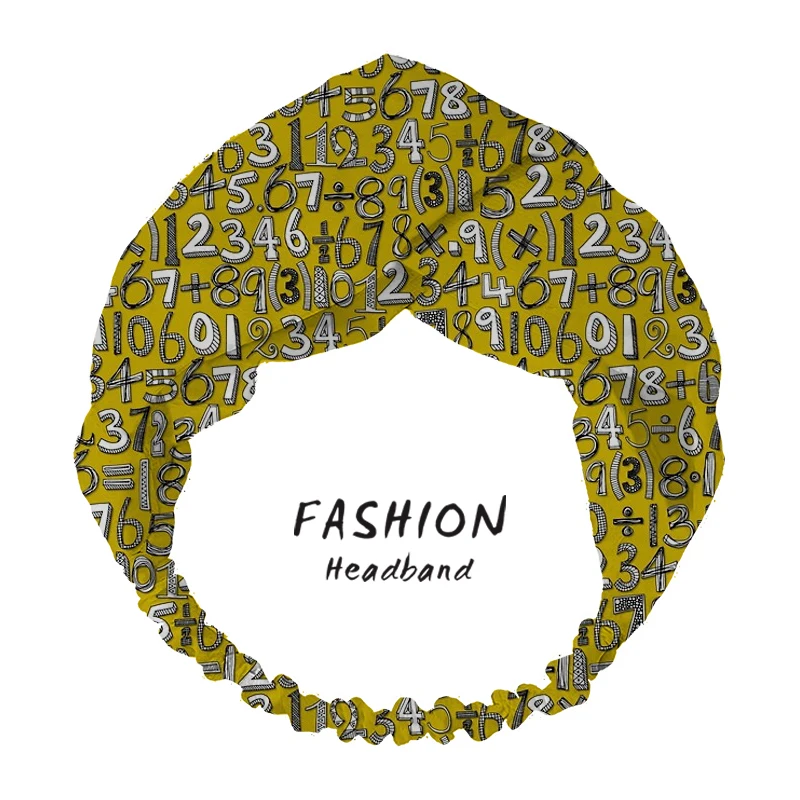 

2020 Women Summer Bohemian Hair Bands math doodle yellow Print Vintage Cross Turban Bandage Headband Scrunchies Hair Accessories