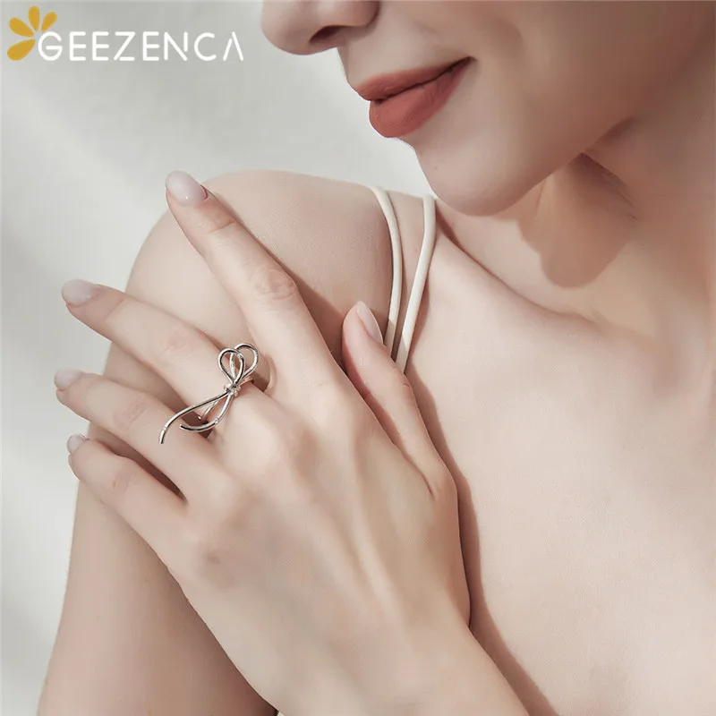 

GEEZENCA 925 Silver String Bowknot Tassel Open Rings For Women Original Design High Quality Adjustable Ring Personalized Gift