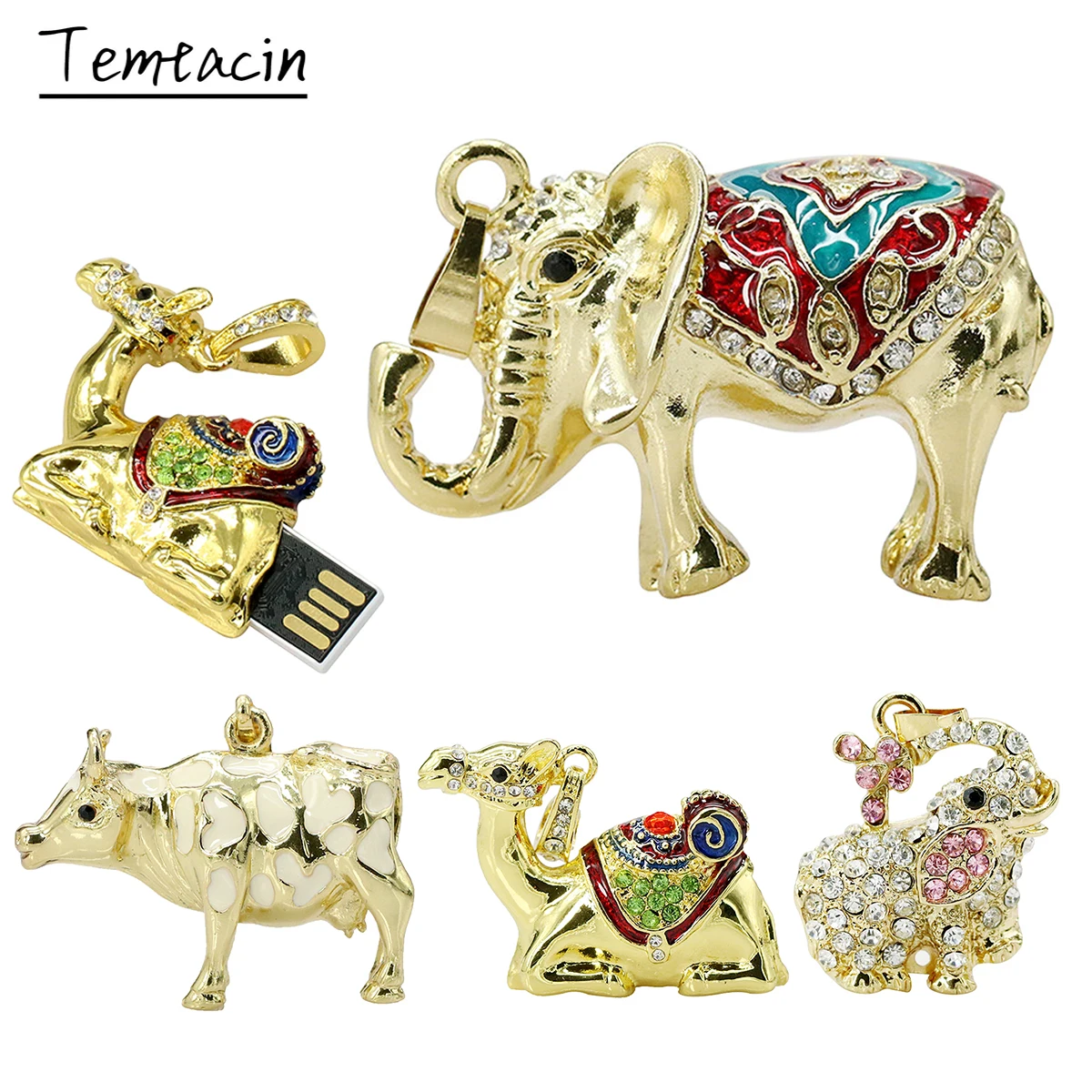 Металлический флеш накопитель с кристаллами в виде животного слона молочной