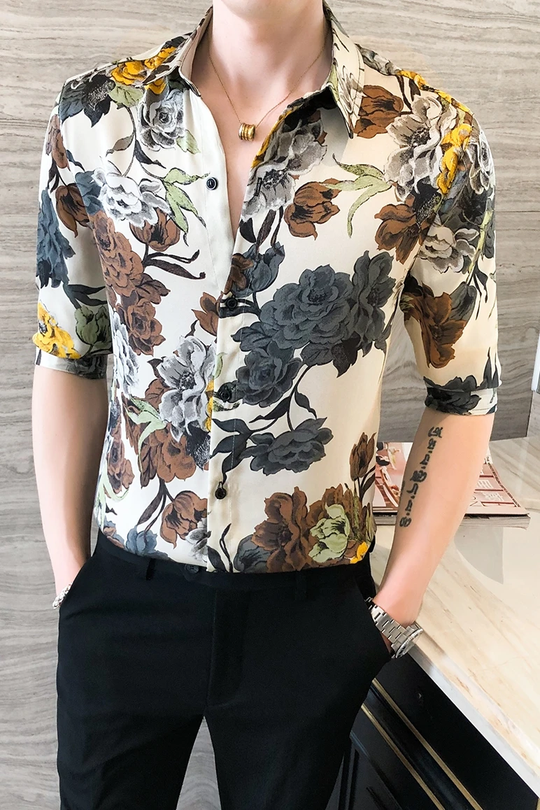 Casual Slim Fit Hawaiian Shirt Streetwear Social Nightclub Blusa High Quality Leaf Printing Men Summer Short Sleeve | Мужская одежда