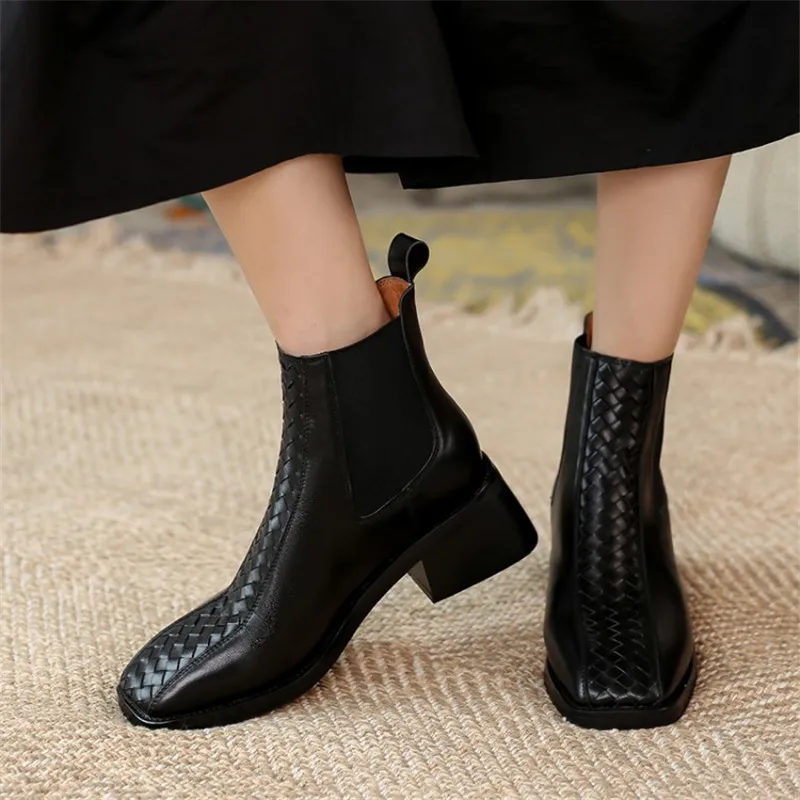 

Winter Boots Women 2020 Genuine Leather Boots Square Toe Chunky Heel Pure Color Short Boots Sleeve Female Boots