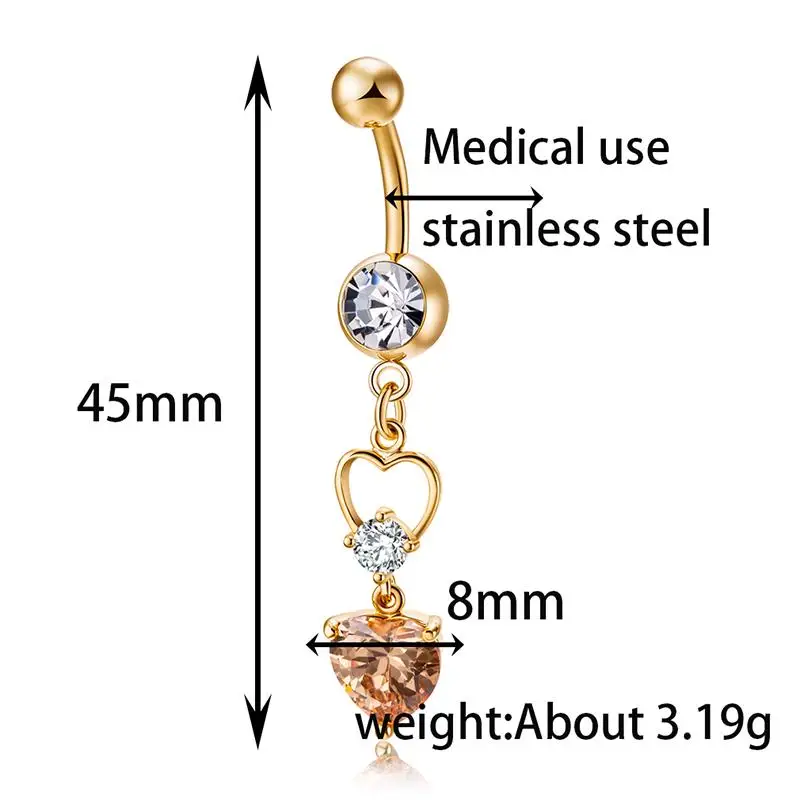 

1PCS Steel Navel Piercing Ring 45*8mm Shining Heart Zircon Navel Ring Body Jewelry Belly Ring Women Accessories