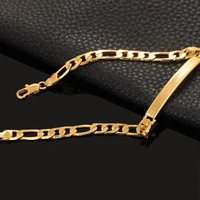 7mm width id tag bar bracelet for women men figaro link chain curved piece 18k gold color hand on jewelry 21cm 8inch