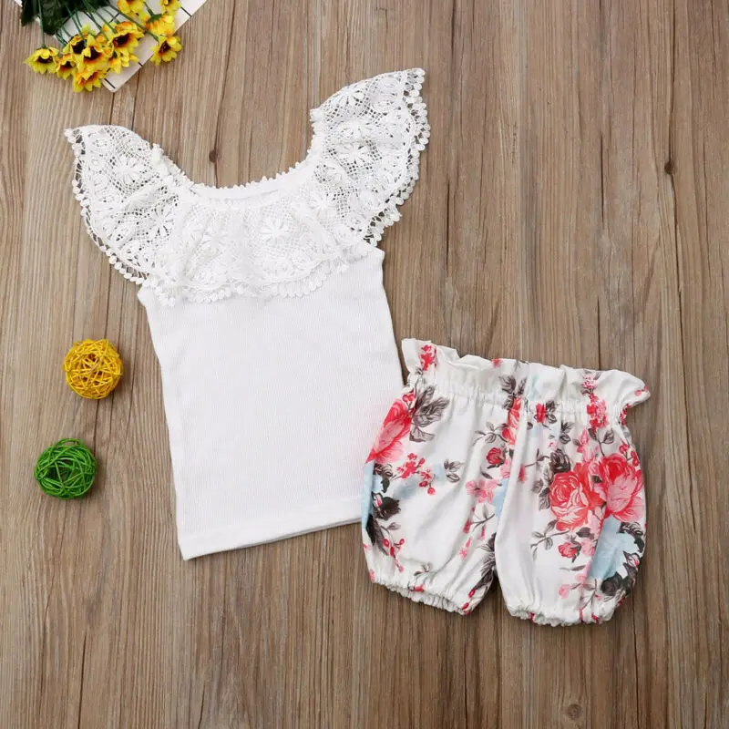 

Kid Baby Girl Lace Top T-shirt +Floral Shorts 2pcs Outfit Set Summer Short Sleeve Clothes Set