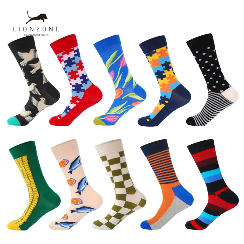 LIONZONE 10Pairs/Lot Funny Socks Men Calcetines Divertidos Gifts for Colorful Designer Brand Happy Meias Masculino | Мужская одежда