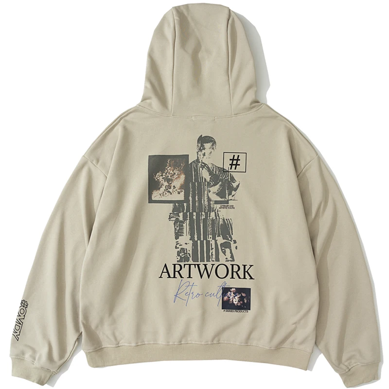 

Men Vintage Solid Hoodie Character Printing Loose Zipper Decoration Hooded Sweater Couple Retro Harajuku Simple Streetwear Fall