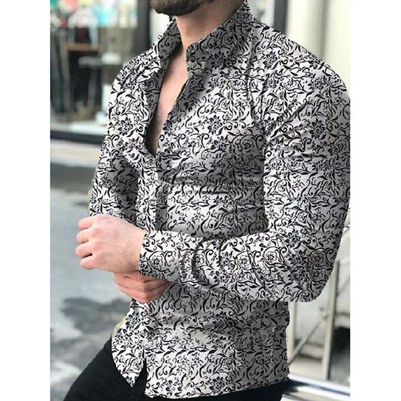 

Fashion Shirts For Men Long Sleeve Floral Print Shirt Autumn Shirts Men Dress Camisa Button Lapels Collar Male Turn Down Collar