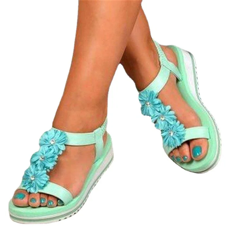 

2021Women Sandals Flower T-tied Slip on Casual Ladies Shoes Summer Elastic Band Ankle Strap Platform Female Flat Comfort