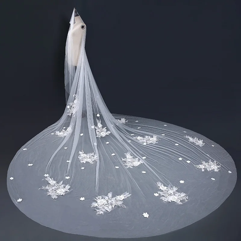 

Mingli Tengda Bride Bridal Veil Cathedral Wedding Accessories Appliqued Lace Flowers Series Elegant Woman Headdress Velo 4M Long