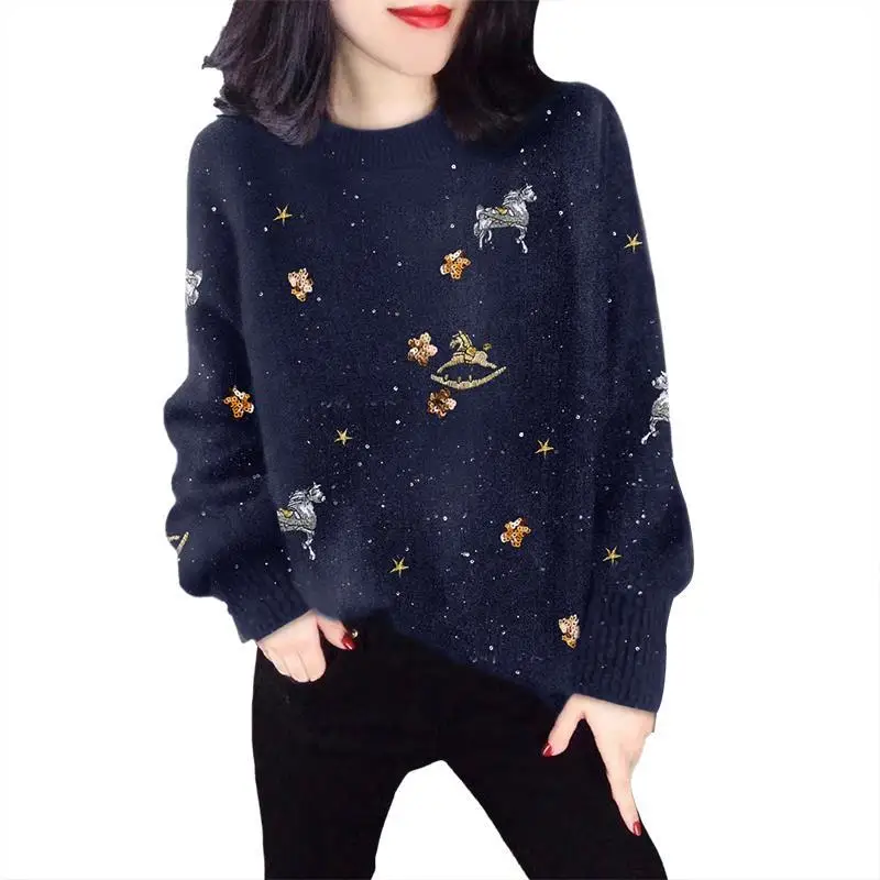 

Sequined Western Style Sweater Women's New Autumn and Winter Famous Pullover Sweater Ride Top