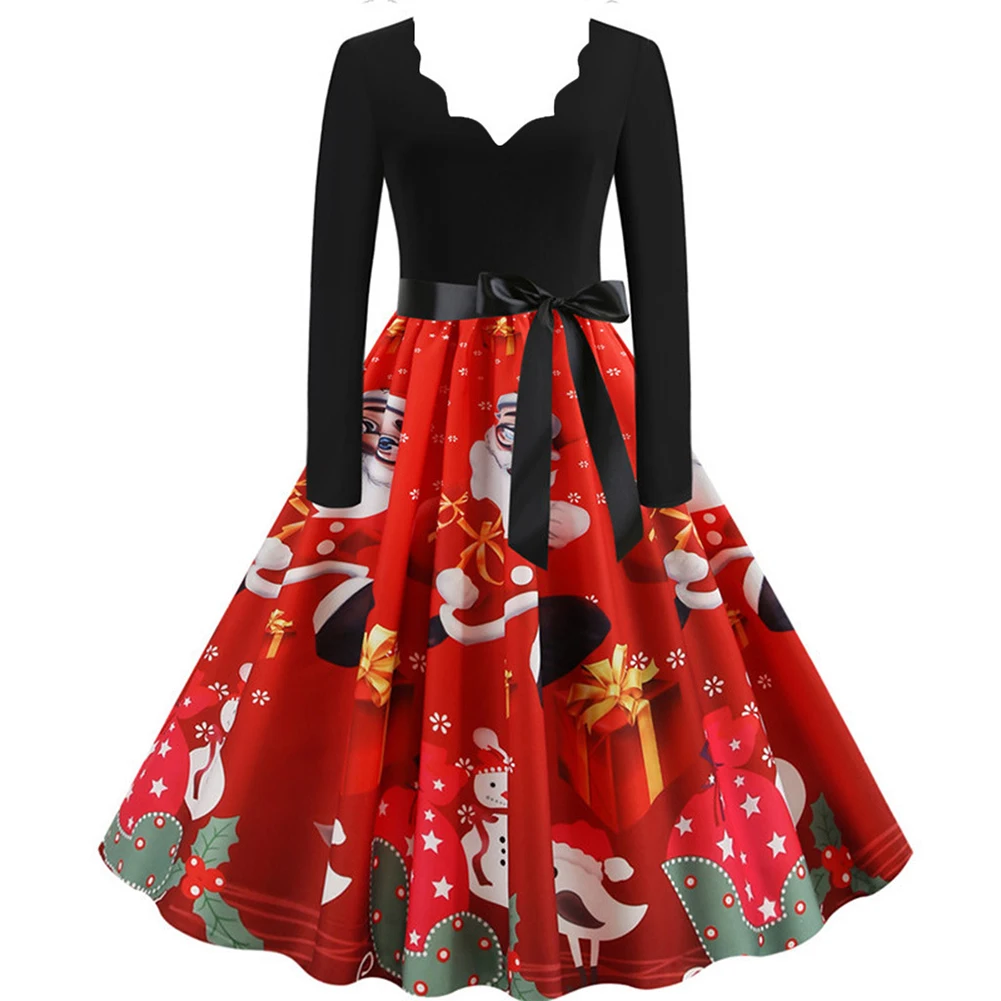Christmas Dress Black Big Swing Print Vintage Women Winter Casual Long Sleeve V-neck Sexy Large Cocktail Midi 2020 | Женская одежда
