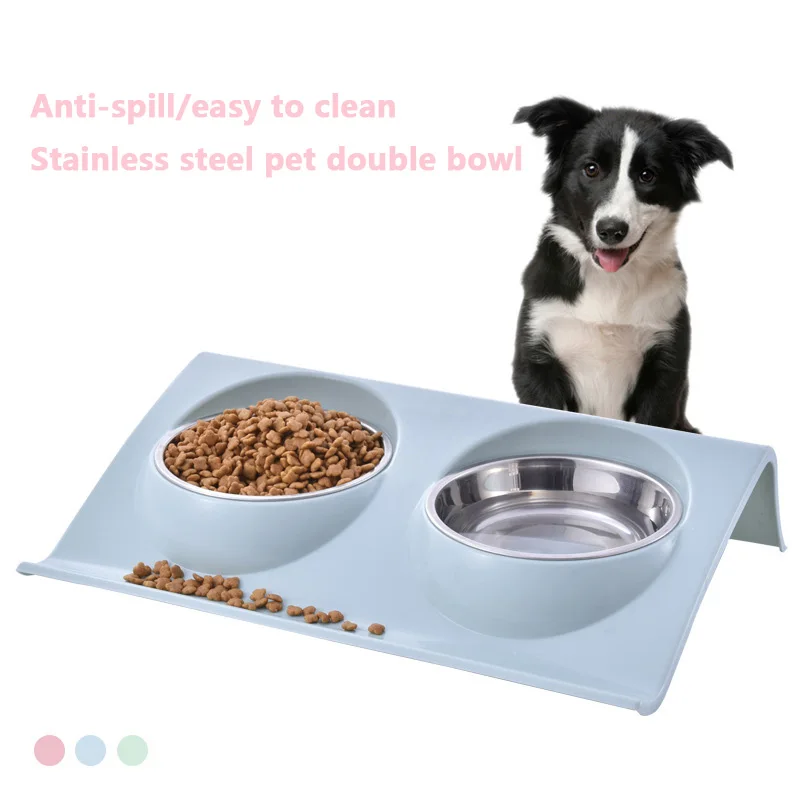 

Stainless Steel Pet Double Bowl Dog Food Water Feeder Drinking Dish Cat Puppy Feeding Accessories Comedero Perro