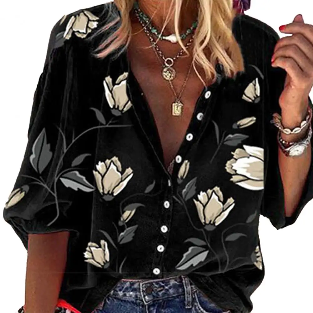 

Women Shirt Flower Print Stand Collar Casual Long Sleeve Loose Blouse for Party women blouses 2021 fashion summer blusas