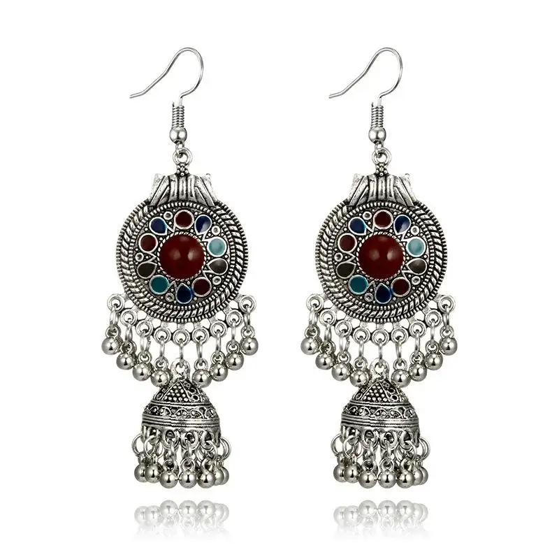 MISANANRYNE, индийские ювелирные изделия Jhumka, серебряные маленькие колокольчики, висячие серьги с кисточками для женщин, девушек, Boho, этнические круглые висячие серьги - Окраска металла: S07426