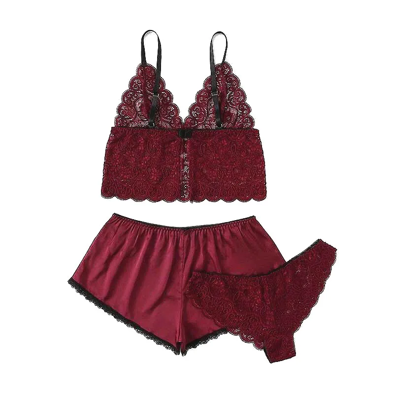

Sexy Pajamas 3 Piece Set Lace Satin Cami with Striped Shorts Women Pijamas Spring Summer Ladies Short Set Nightwear Homewear