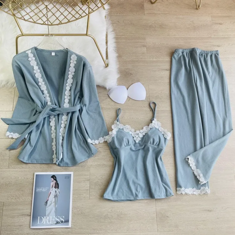 

Autumn Soft Pajamas Set Casual Sleepwear Women Kimono Bathrobe Gown Cotton 3 Pieces Robe Suit Loose Home Clothes Pyjamas