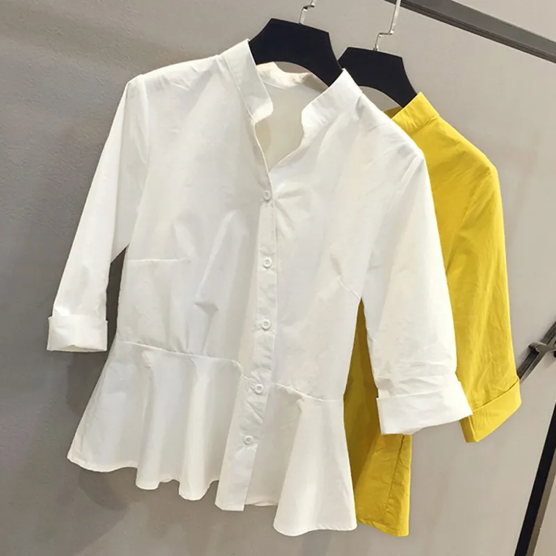 

2019 New Women Elegant Blouses Half Sleeve V-Neck White Blouse Button Casual Solid Color Shirt Female Work Wear Blusas Tops