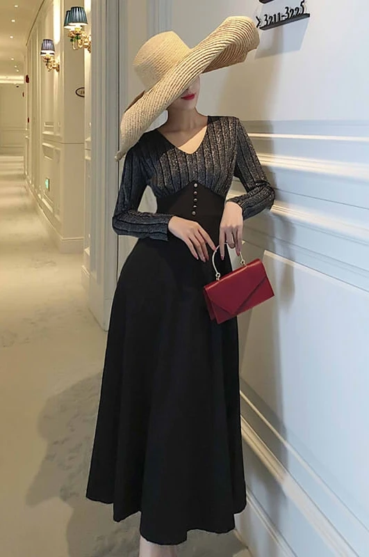 

Autumn New 2020 Korean Version Versatile V-neck Pullover Long Sleeve Solid Color Waistband Mid Length Retro Dress Women Fashion